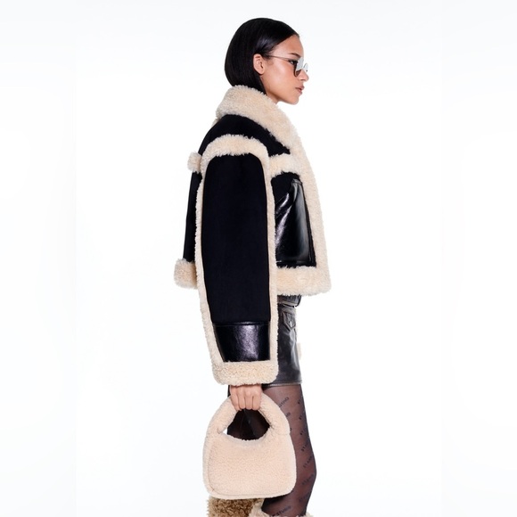 Stand Studio Black Faux Leather Shearling Edith Jacket Cropped 6/42 IT - Picture 4 of 5